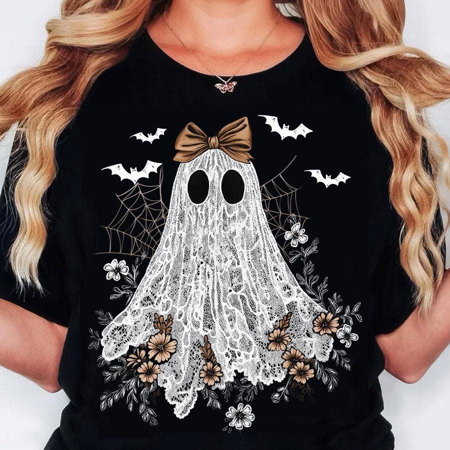 Cute Lace Ghost Halloween Boo Lace Bow Shirt