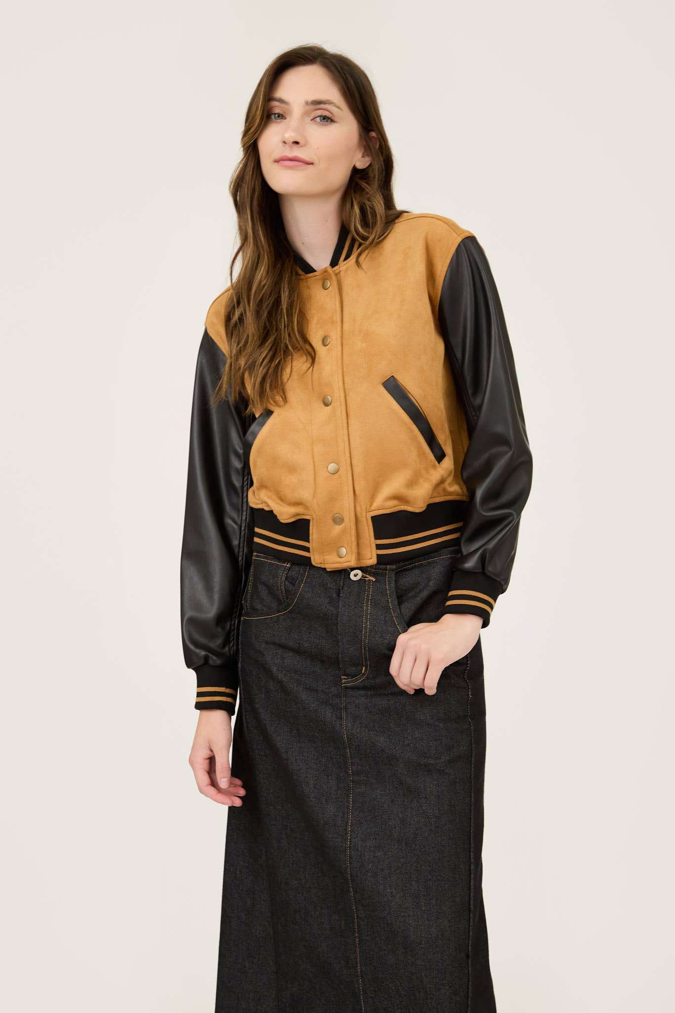 Colorblock Suede Button Down Bomber Jacket