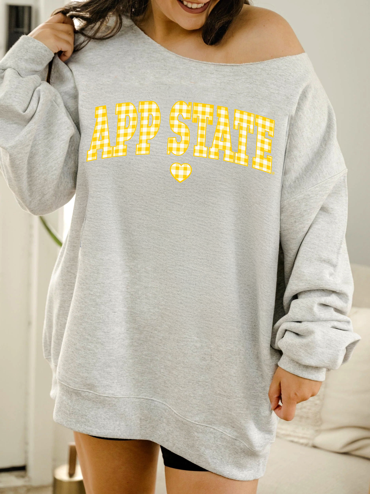 Appalachian State Gingham Heart Gray Flashdance Sweatshirt