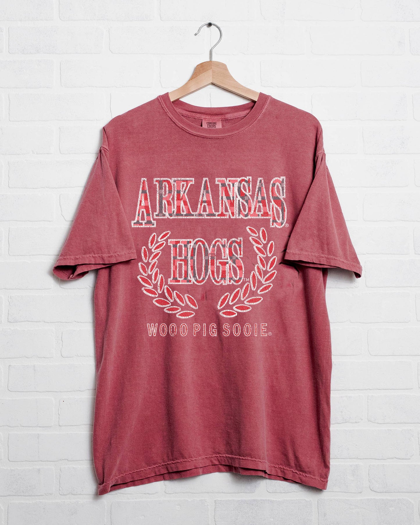 Arkansas Razorbacks Plaid Crest Cardinal Comfort Colors Tee