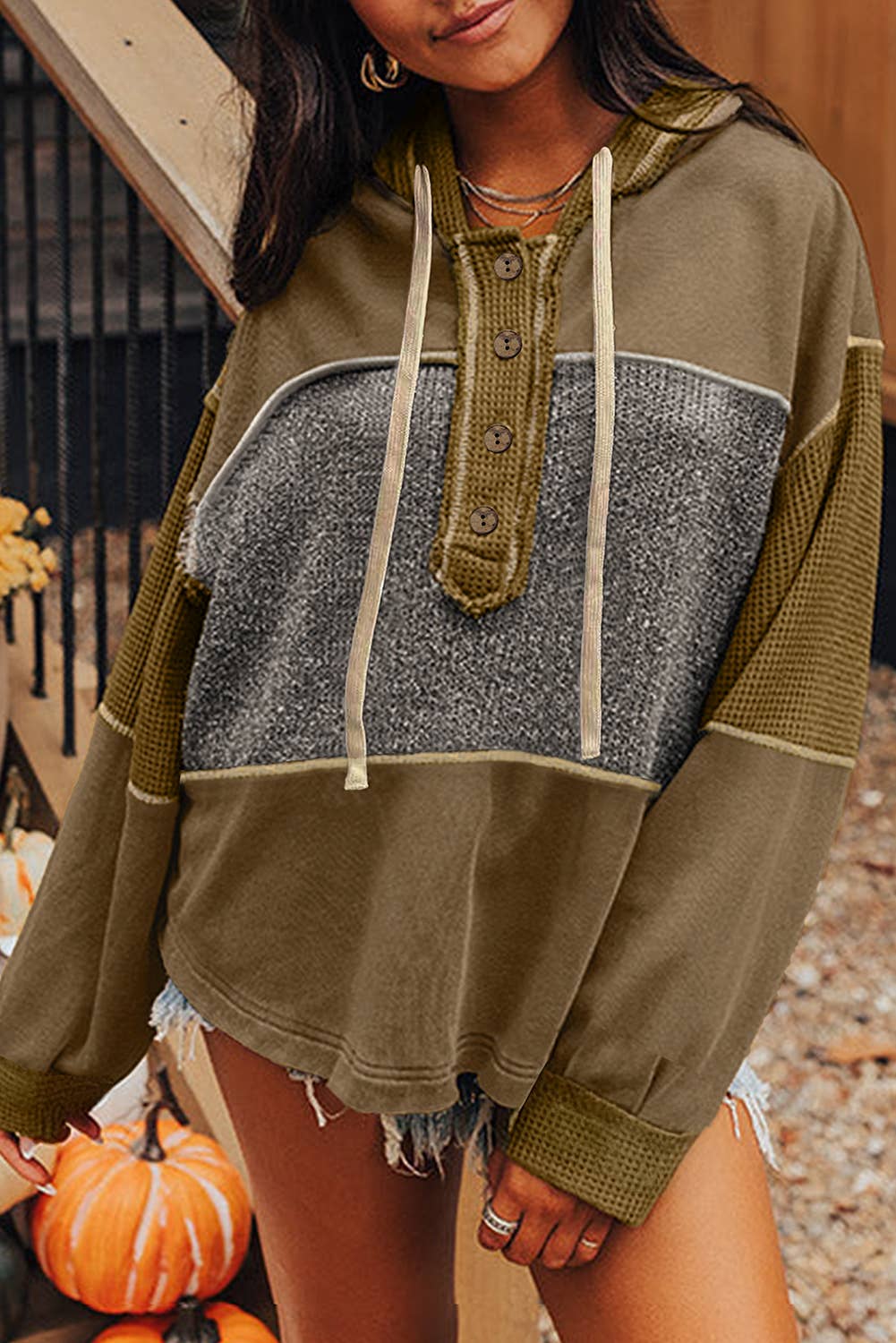 Texture Patchwork Exposed Seam Button Hooded Sweatshirt