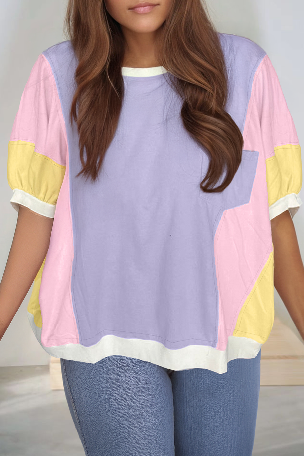 Color Block Patchwork Half Sleeve Oversized T Shirt (S-Xl)