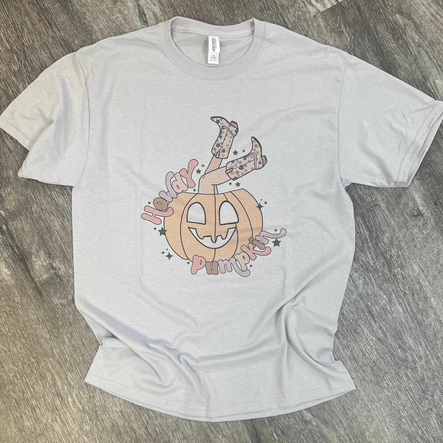 Howdy Pumpkin Cowgirl Boots On Silver Tee