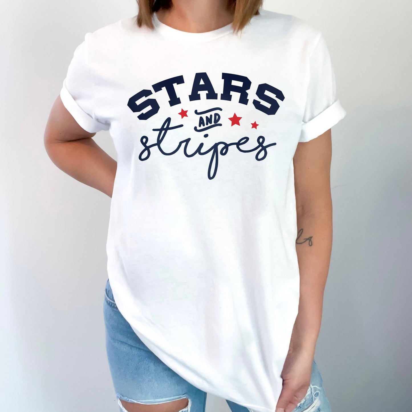 Stars & Stripes Block & Script Tee | America | Sizes XS-2XL