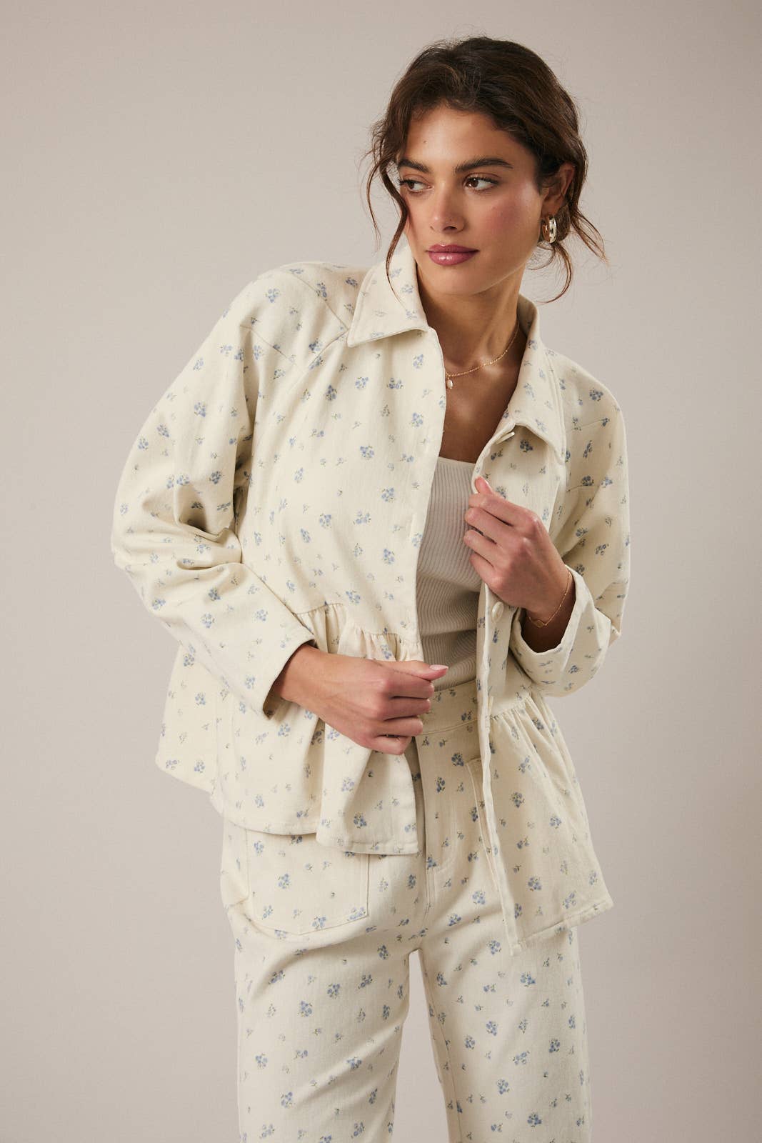 Long Sleeve Peplum Floral Print Twill Jacket