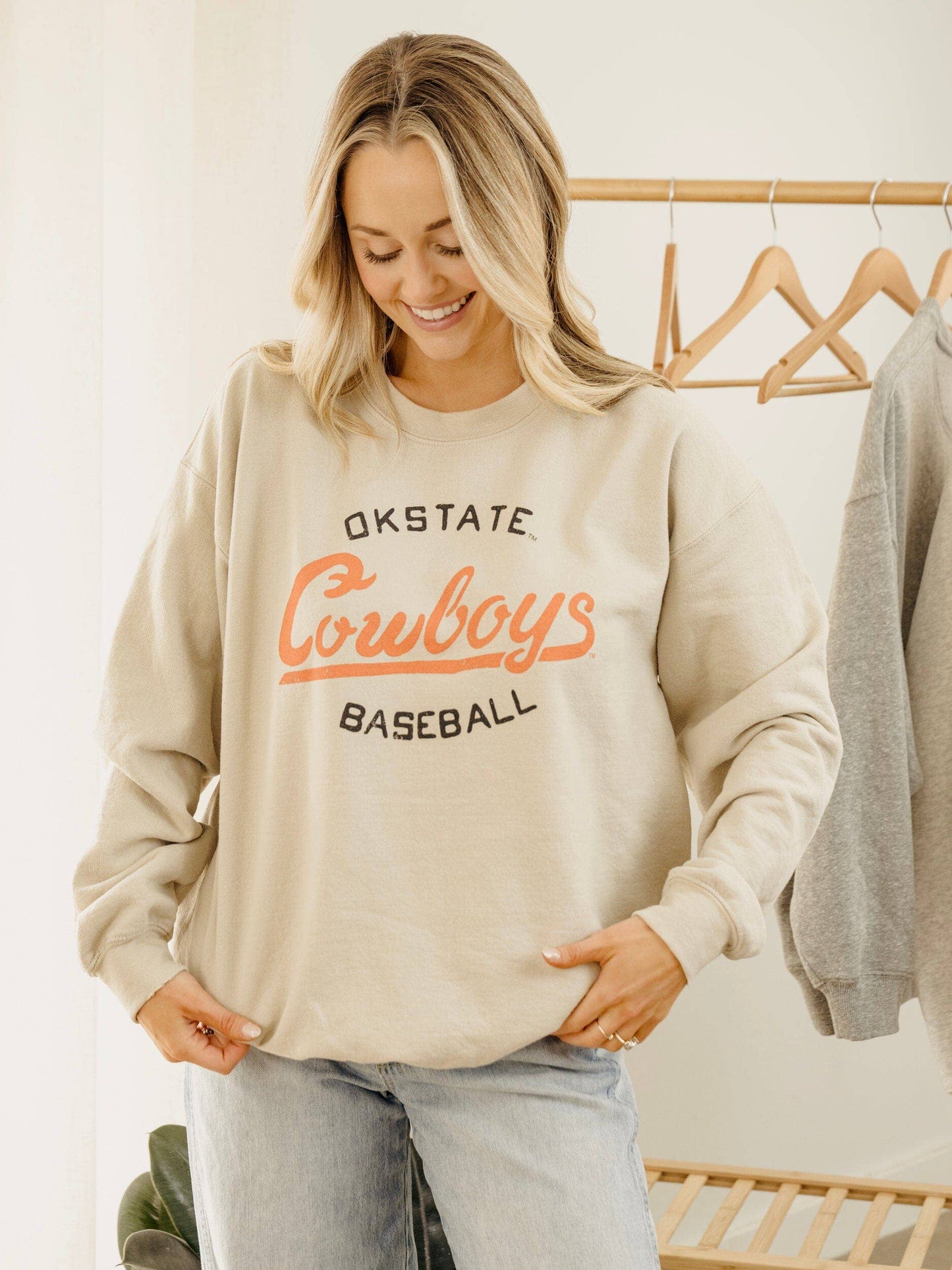 Osu Cowboys Baseball Stencil Sand Thrifted Sweatshirt