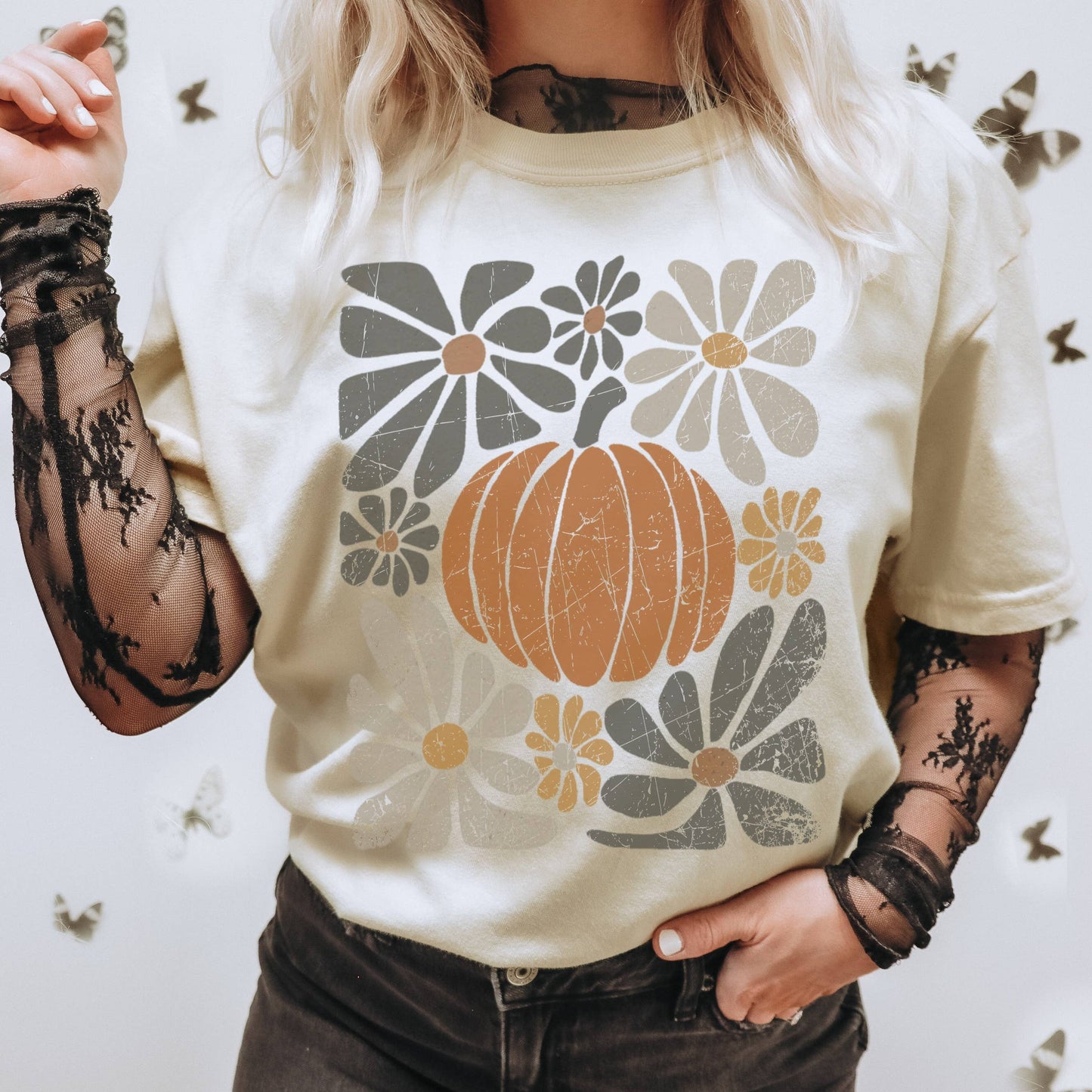 Retro Pumpkin Floral Chart Tee Fall Holiday Graphic Tees