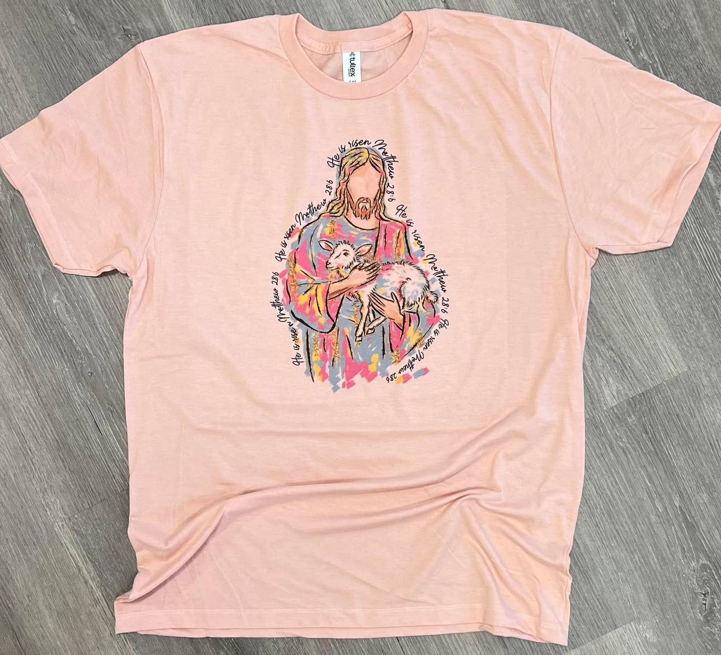 Brushstroke Jesus with Lamb He Is Risen On Peach Tee