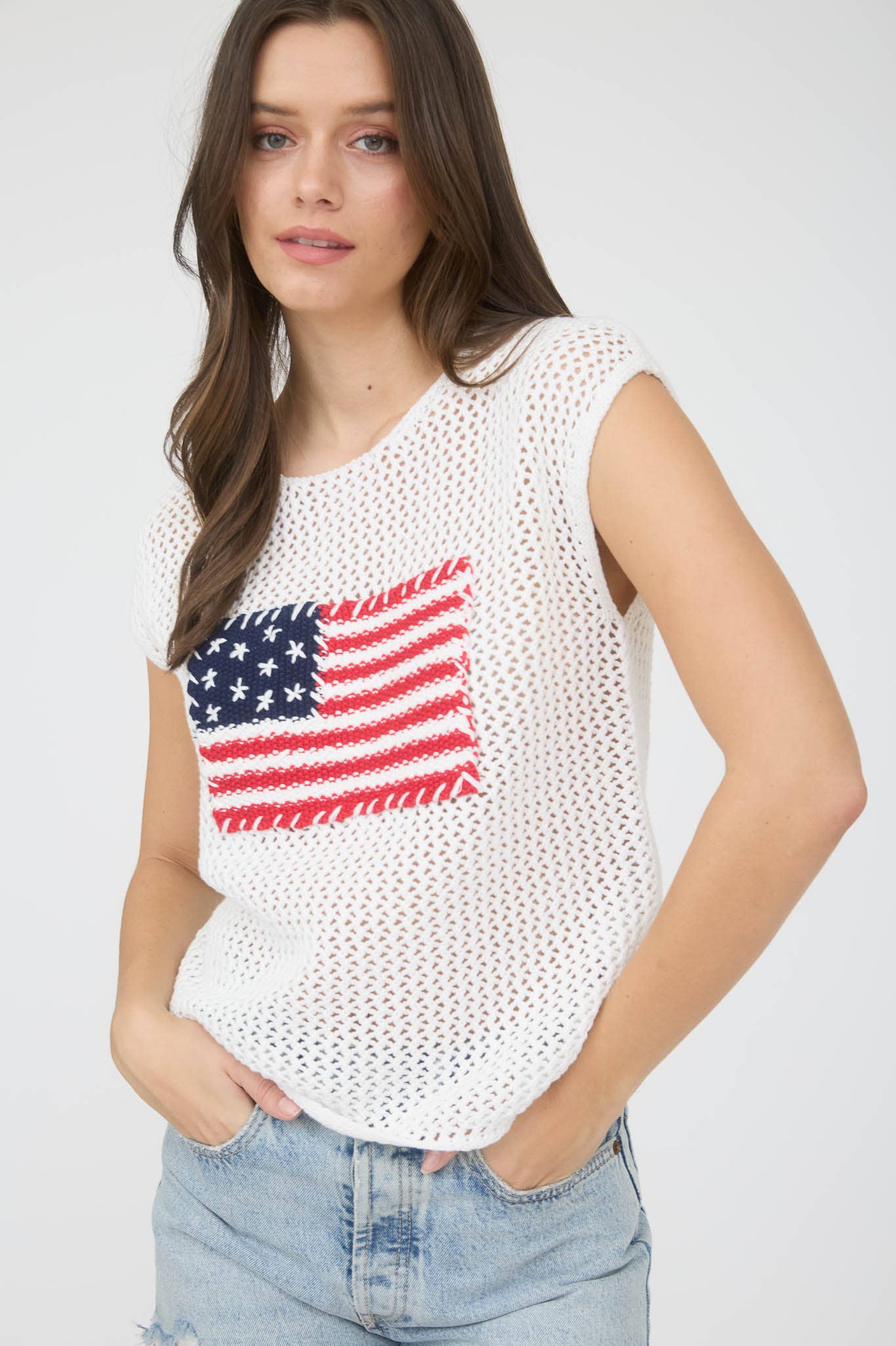 Plus American Flag Crochet Knit Sweater Top
