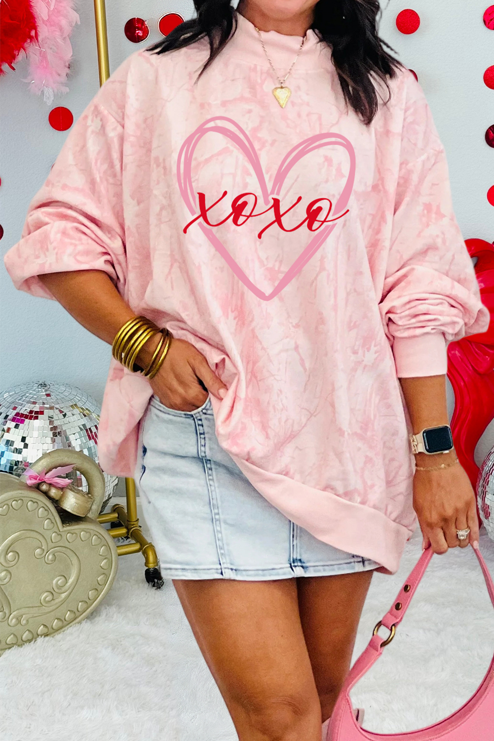 Tie Dye Xoxo Heart Printed Mock Neck Sweatshirt (S-Xl)