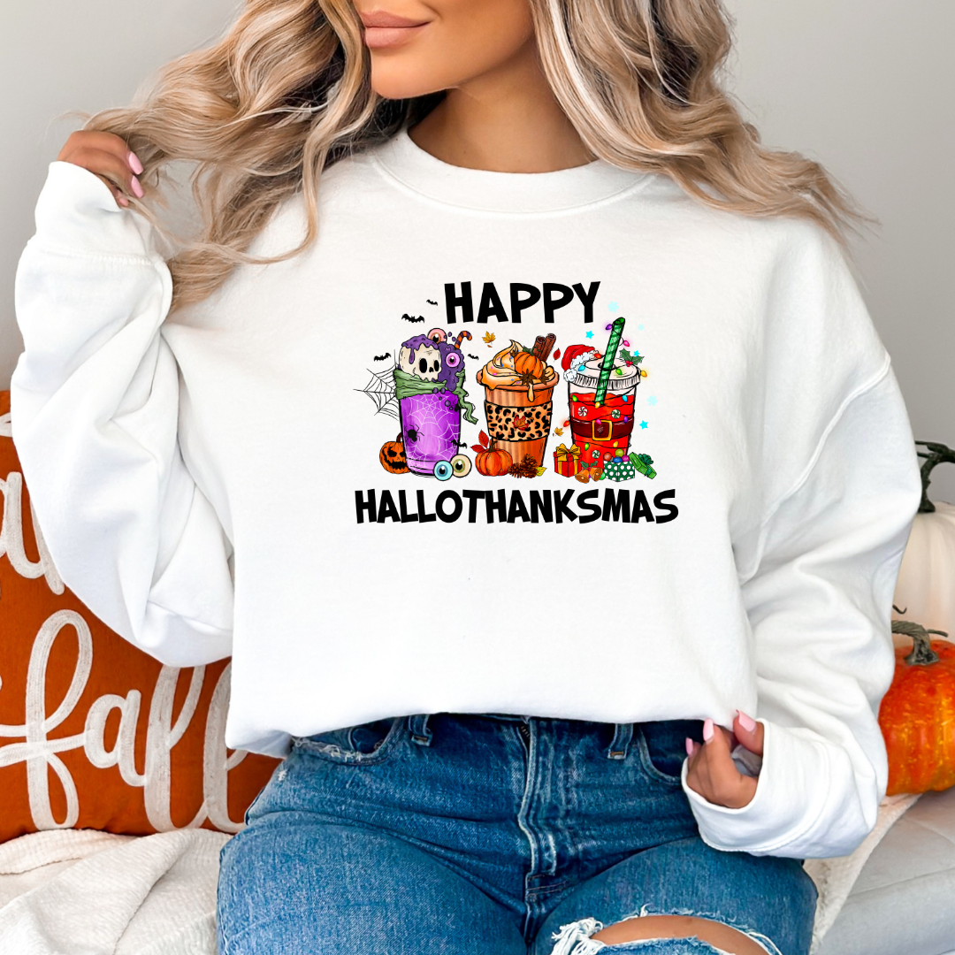 Happy Hallothanksmas Holiday Christmas Graphic Sweatshirt