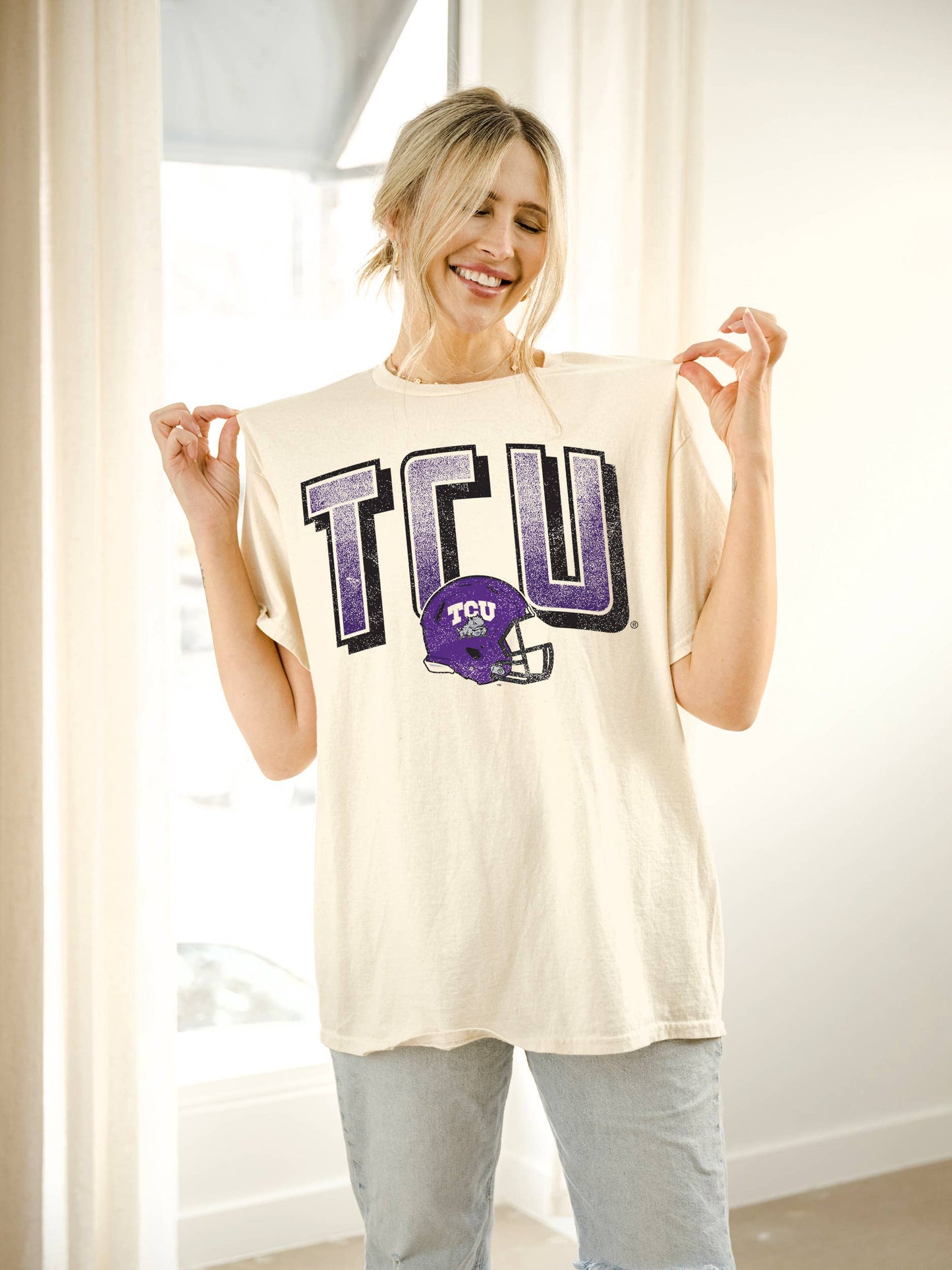 Tcu Horned Frogs Helmet Fade Off White Thrifted Tee