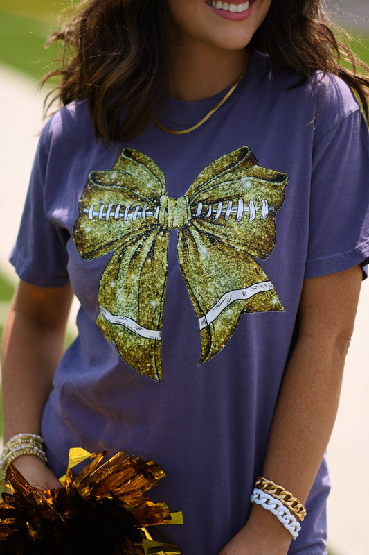 Gold Faux Glitter Football Bow Tee On Purple