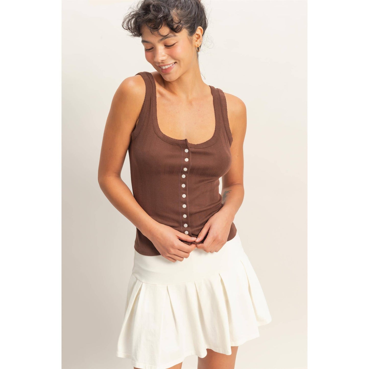 Pointelle Button Front Scoop Neck Tank Top