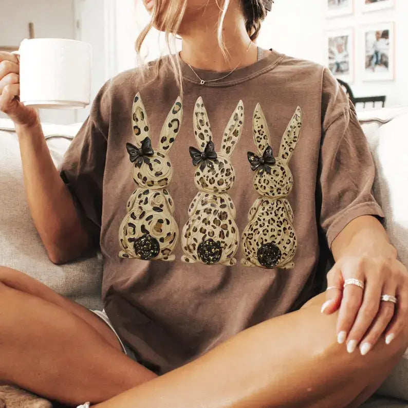 Leopard Easter Bunnies Faux Painted Comfort Colors Tee