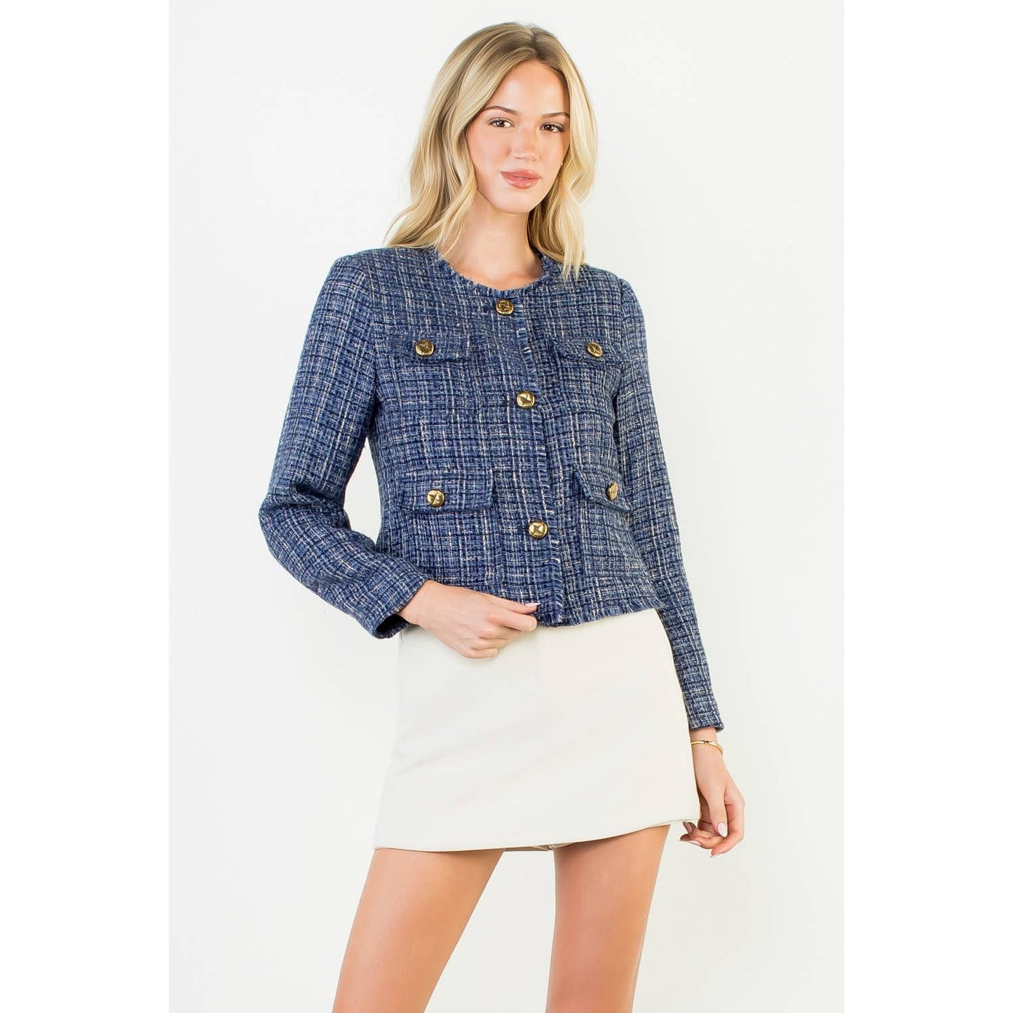 Fringe Hem Button Front Tweed Jacket
