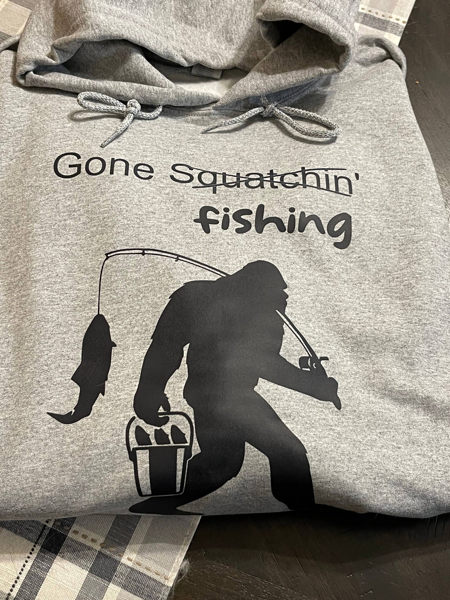 Gone Squatchin' Fishing Bigfoot Hoodie (Grey)