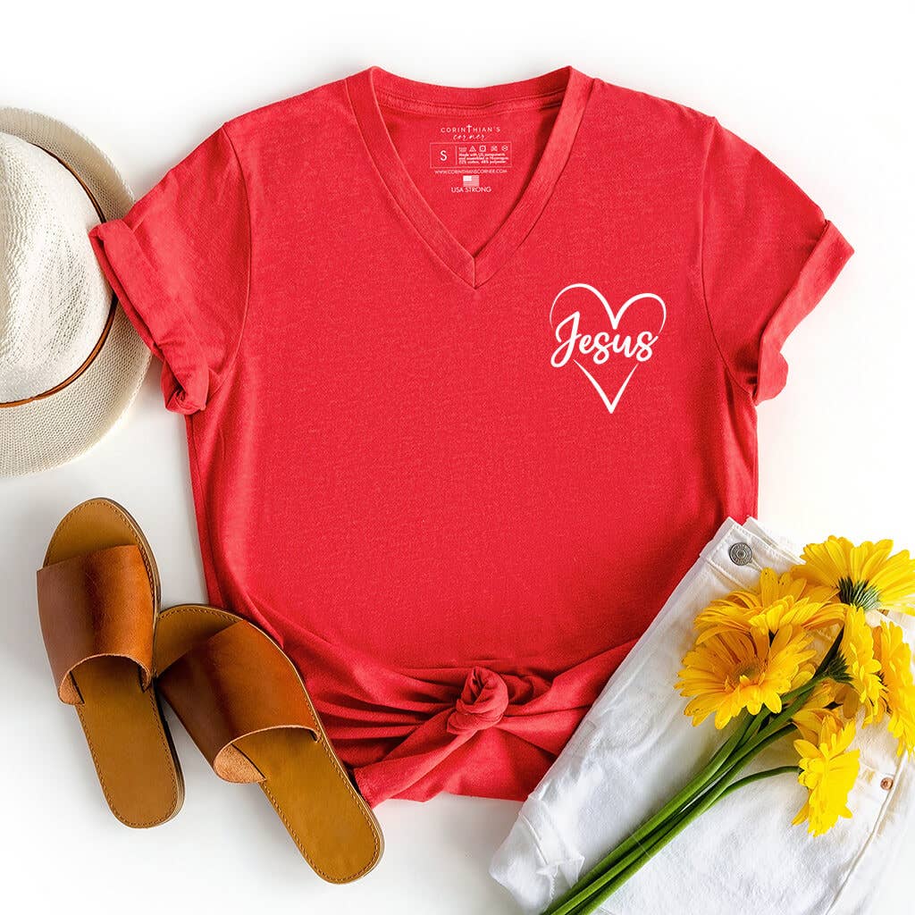 Jesus Completes My Heart Women's V-Neck T-Shirt in Red