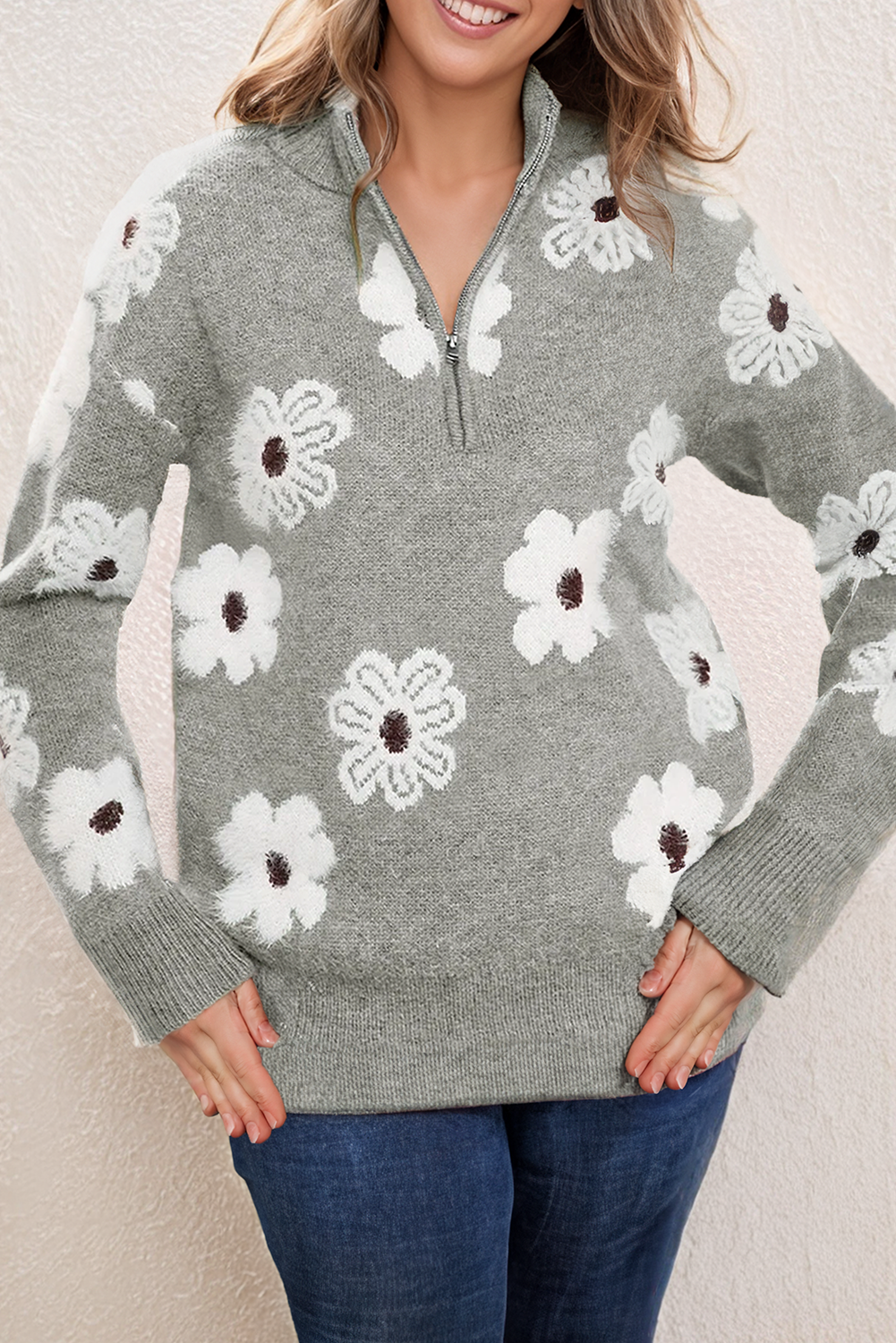 Plus Size Embroidered Floral Pattern Half Zip Sweater (S-4X)