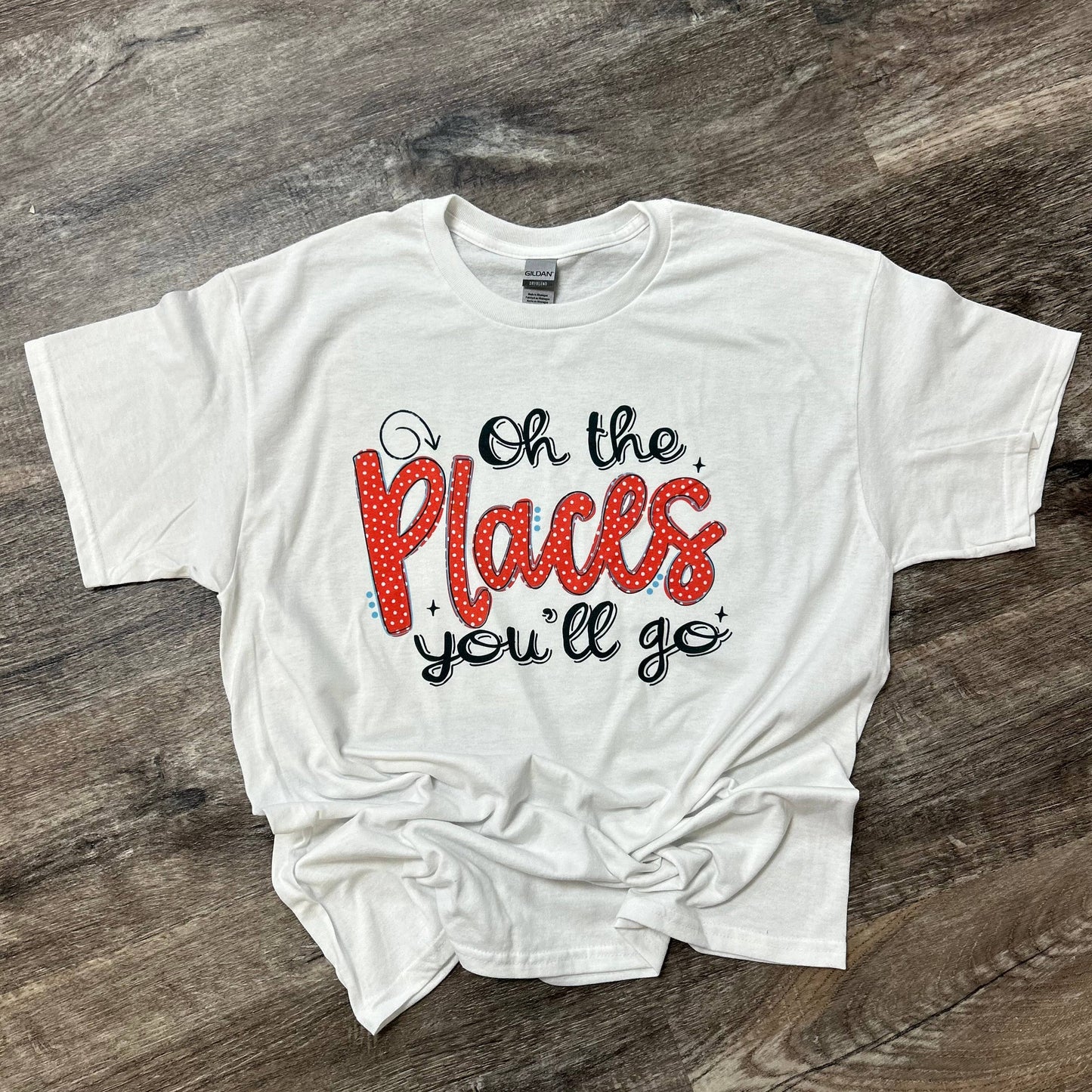 Oh the Places You’Ll Go (Red Polka Dot) On White Tee
