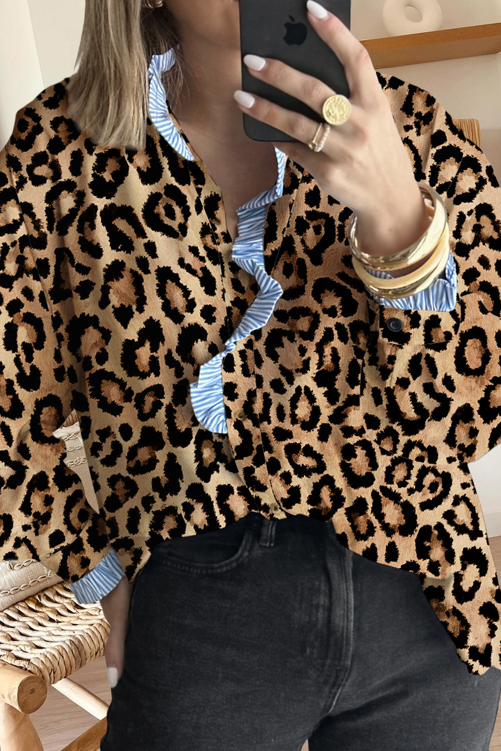 Leopard Print Stripe Frilled Mock Neck Shirt (S-Xl)