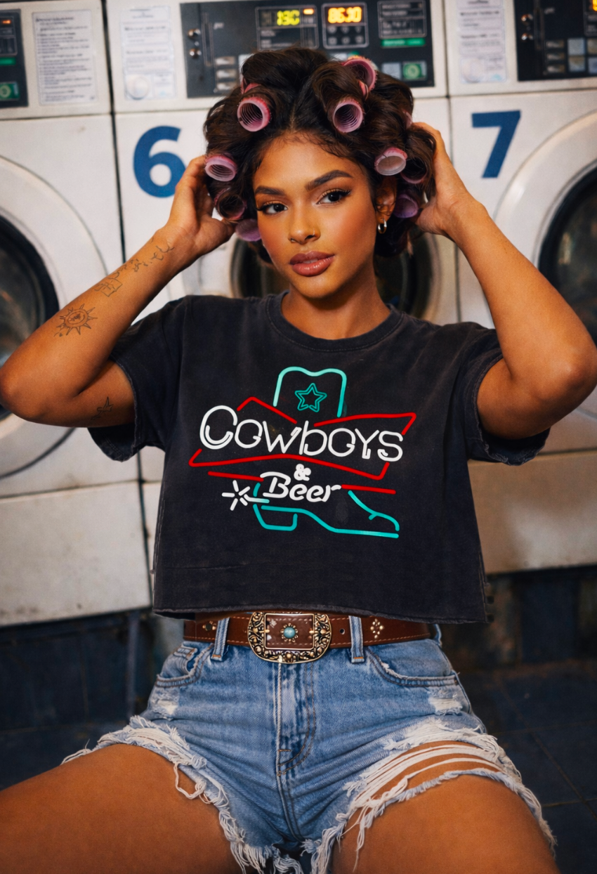 Cowboys & Beer Neon Boot Relaxed Cropped Acid Wash T-Shirt