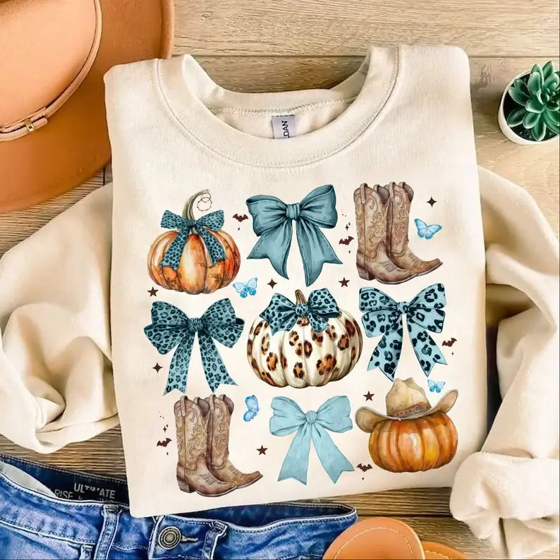 Western Country Pumpkin Bows Halloween Fall Sweater