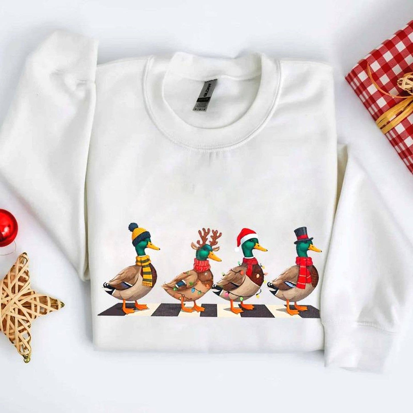 Mallard Ducks Christmas Light Santa Hat Funny Sweatshirt