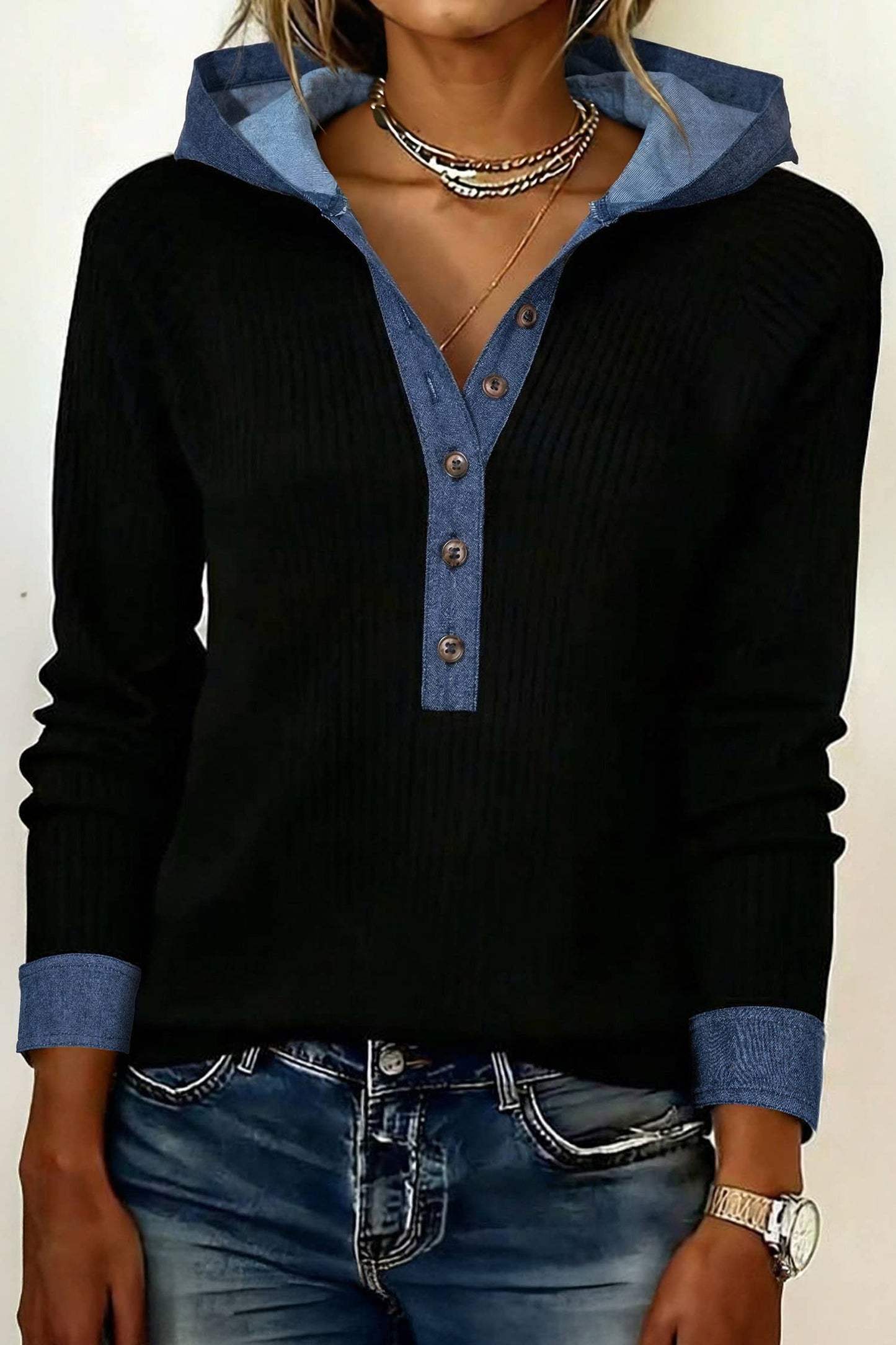 Chic Hoodie Long Sleeve Denim Trim Button Front Top (S-Xl)