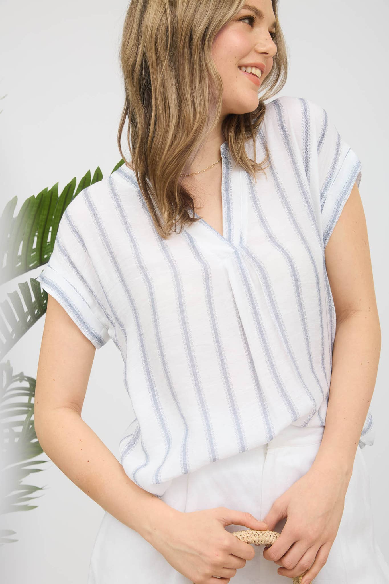 Stripe Split Neck Back Button Short Sleeve Shirt