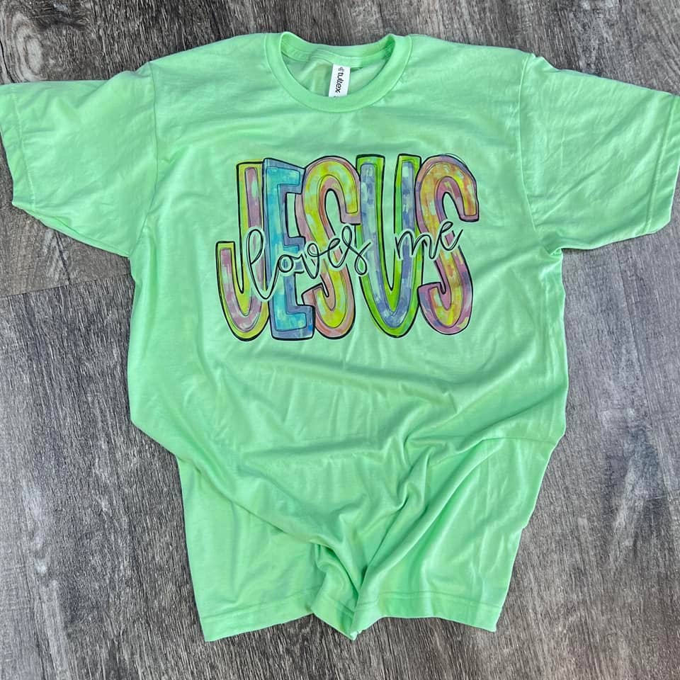 Jesus Loves Me Messy Paint On Mint Green Tee