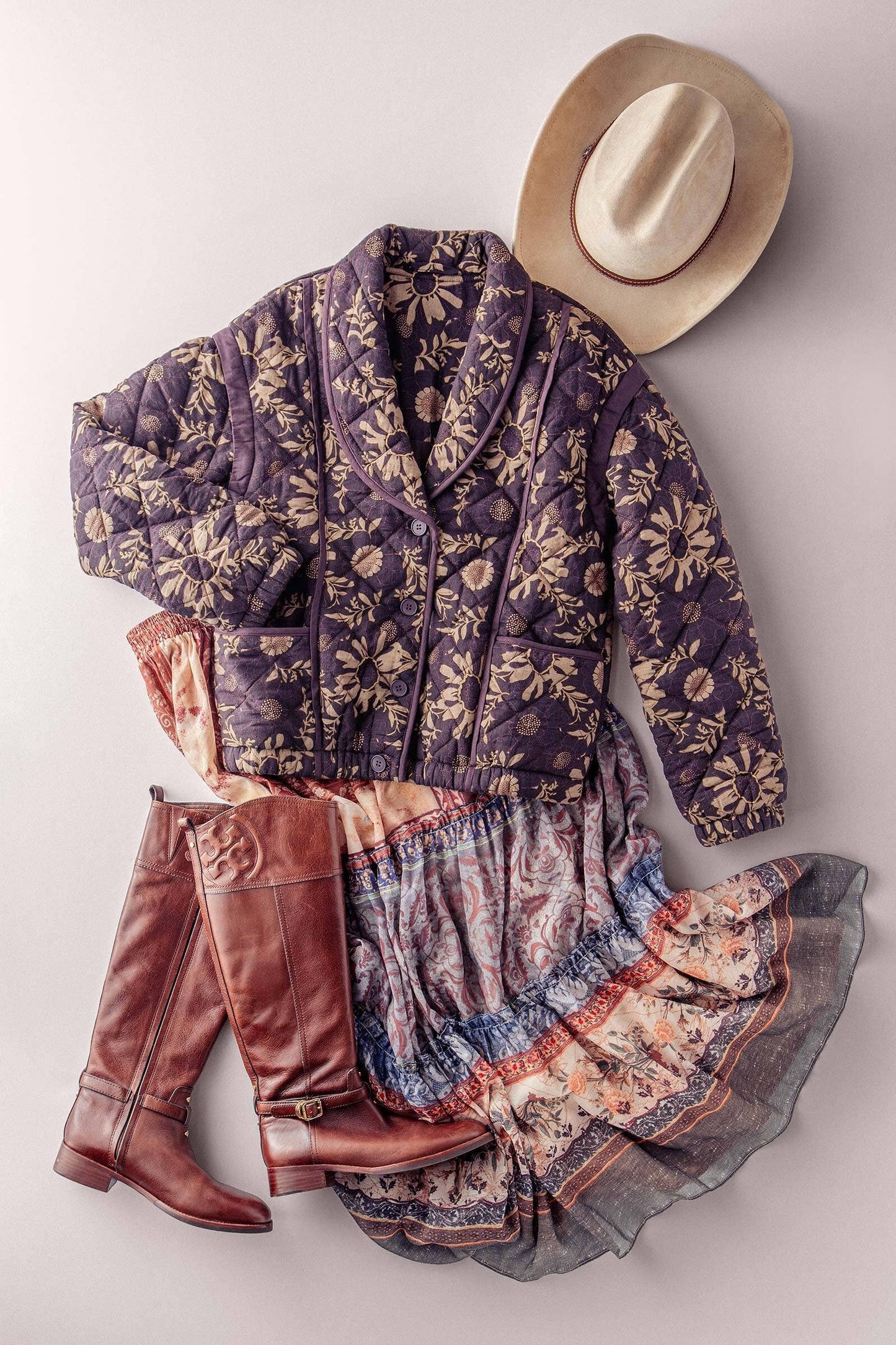 Quilted Floral Shawl Collar Jacket