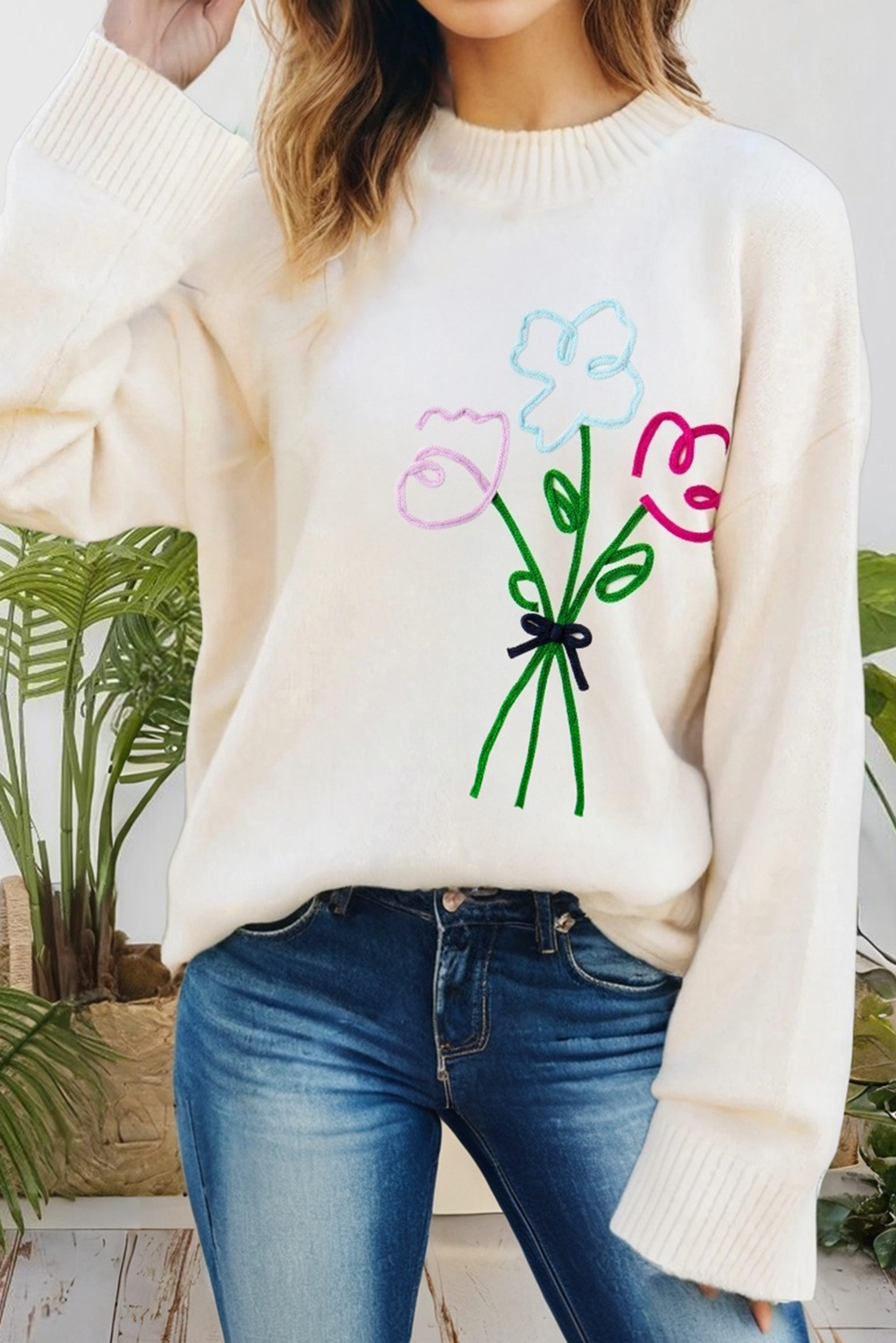 Embroidered Floral Bouquet Ribbed Trim Loose Sweater