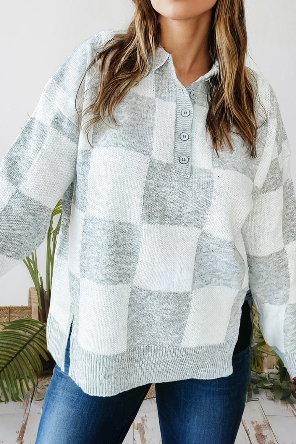 Plus Size Checkered Pattern Button Polo Collar Split Sweater
