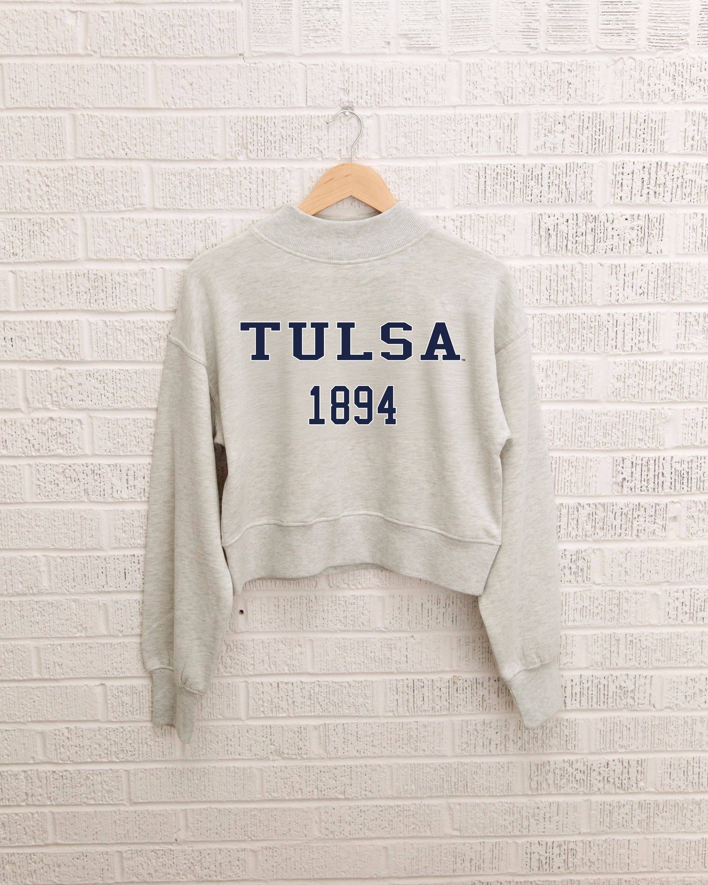 Tu Tulsa College Block Puff Ink Gray Mock Neck Sweatshirt