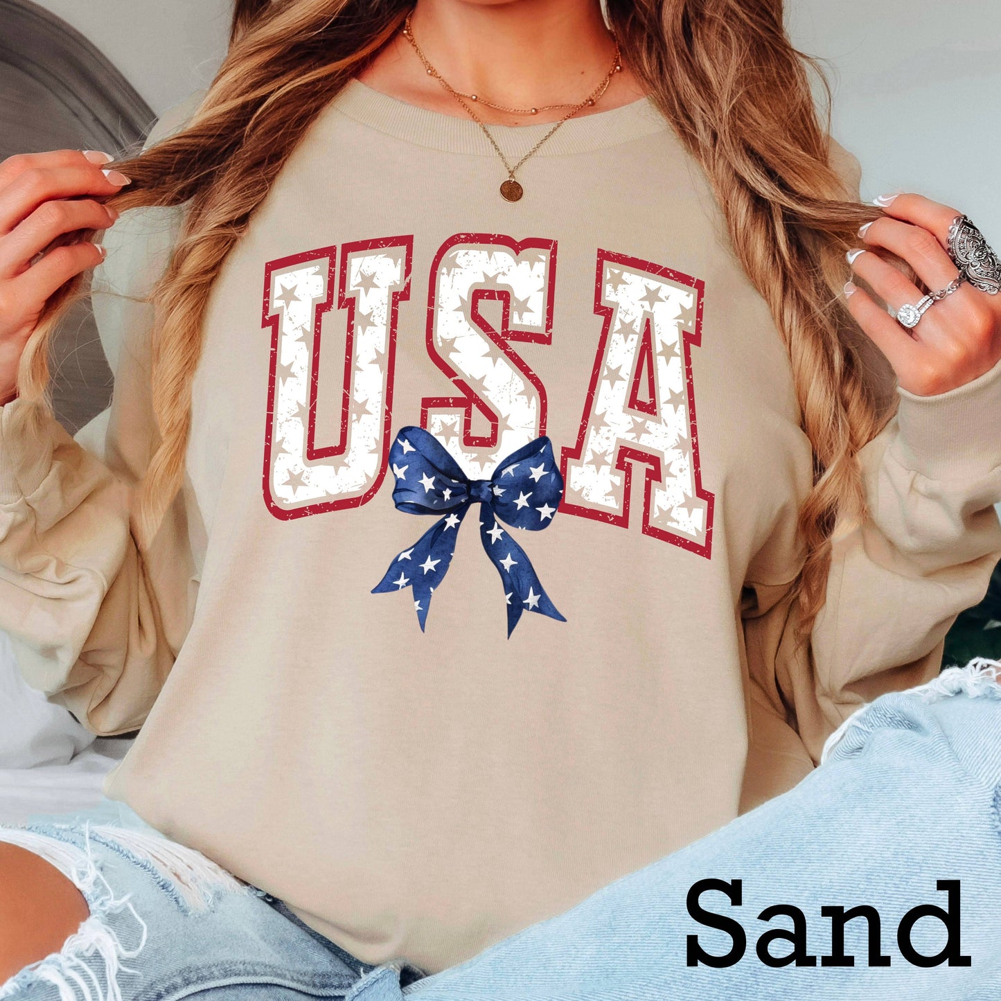 USA Bow and Star July 4th Graphic Shirt | Long Sleeve Gildan