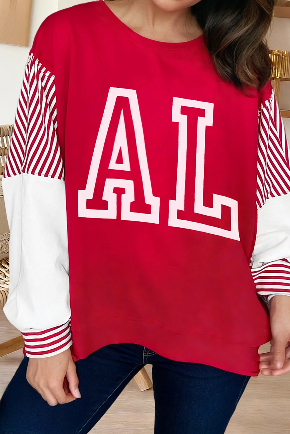 Al Letter Printed Striped Patchwork Baggy Sweatshirt (S-Xl)