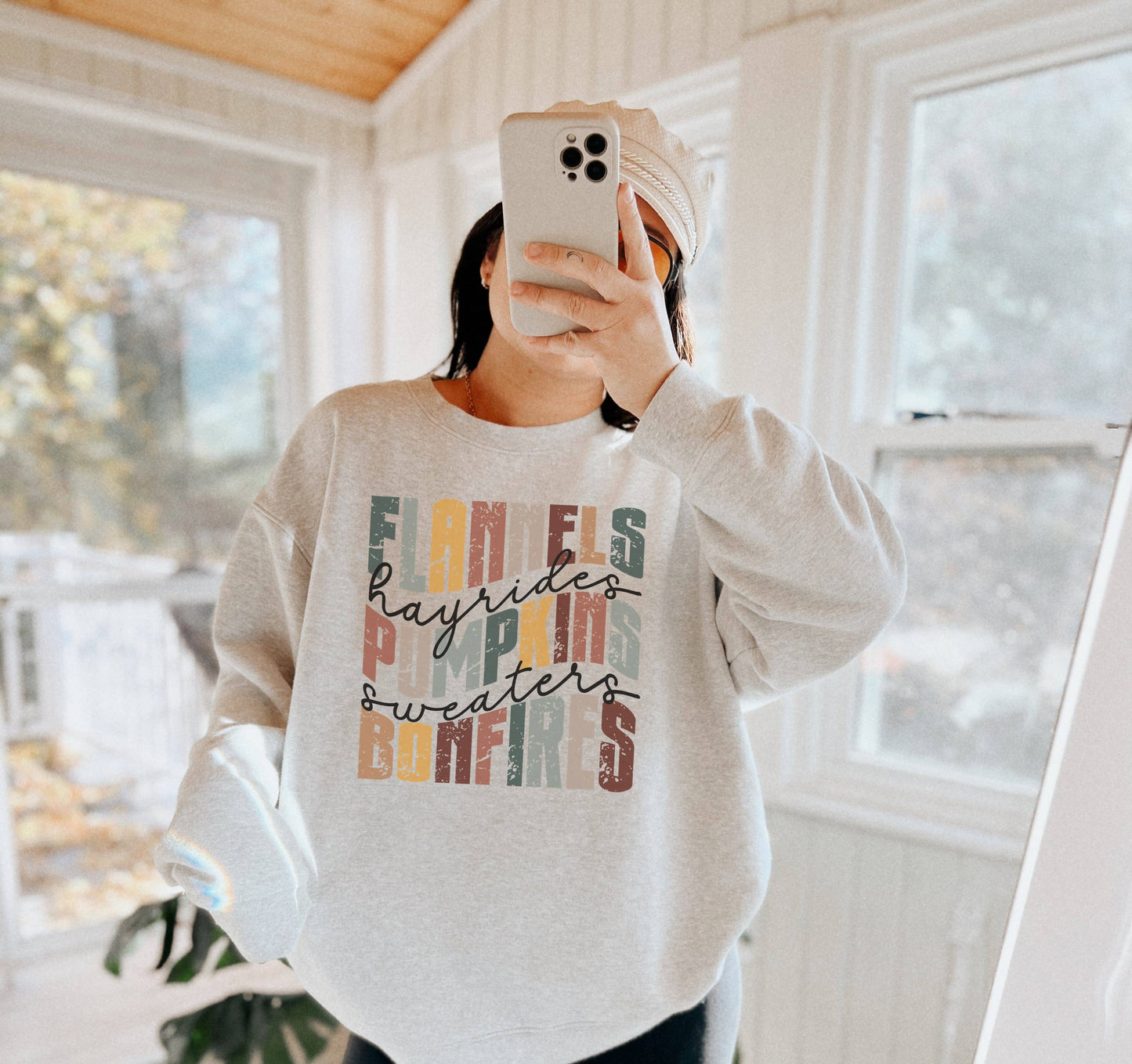 Flannels Pumpkins Bonfires Color Fall Crew Neck Sweatshirt