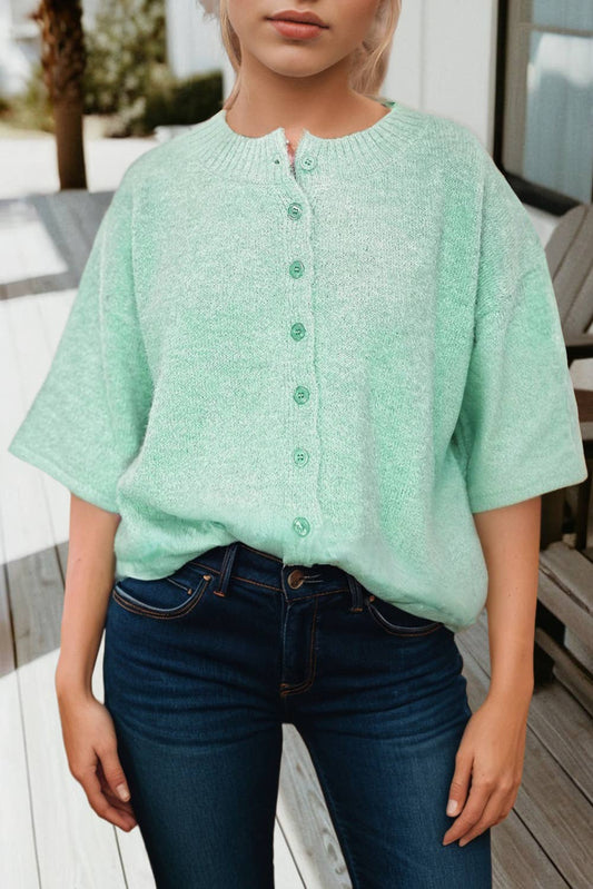 3/4 Sleeve Boxy Knit Button Down Sweater Cardigan (S-Xl)