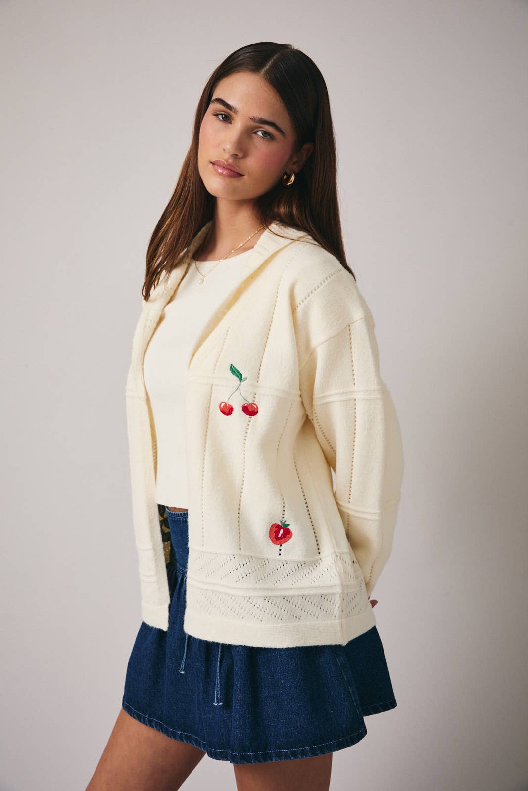 Long Sleeve Sweater Cardigan with Fruits Embroidery