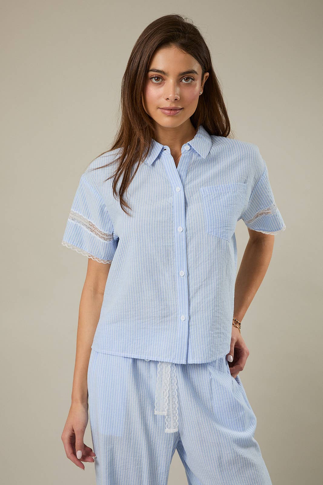 Short Sleeve Lace Trim Stripe Button Down Shirt