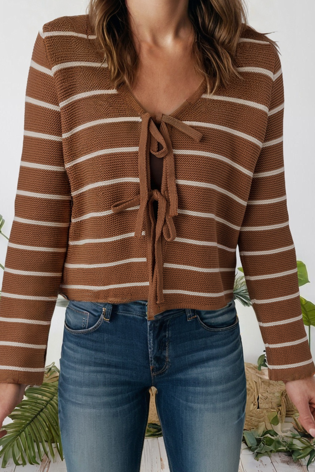 Tie Front Striped Knit V Neck Cardigan Sweater (S-Xl)