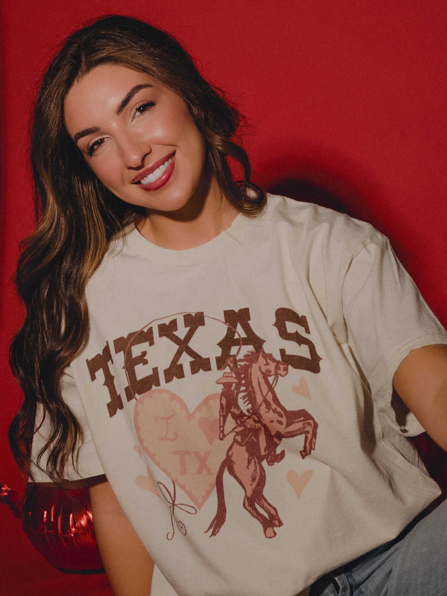 Texas Hearts and Horses Off White Thrifted Graphic Tee