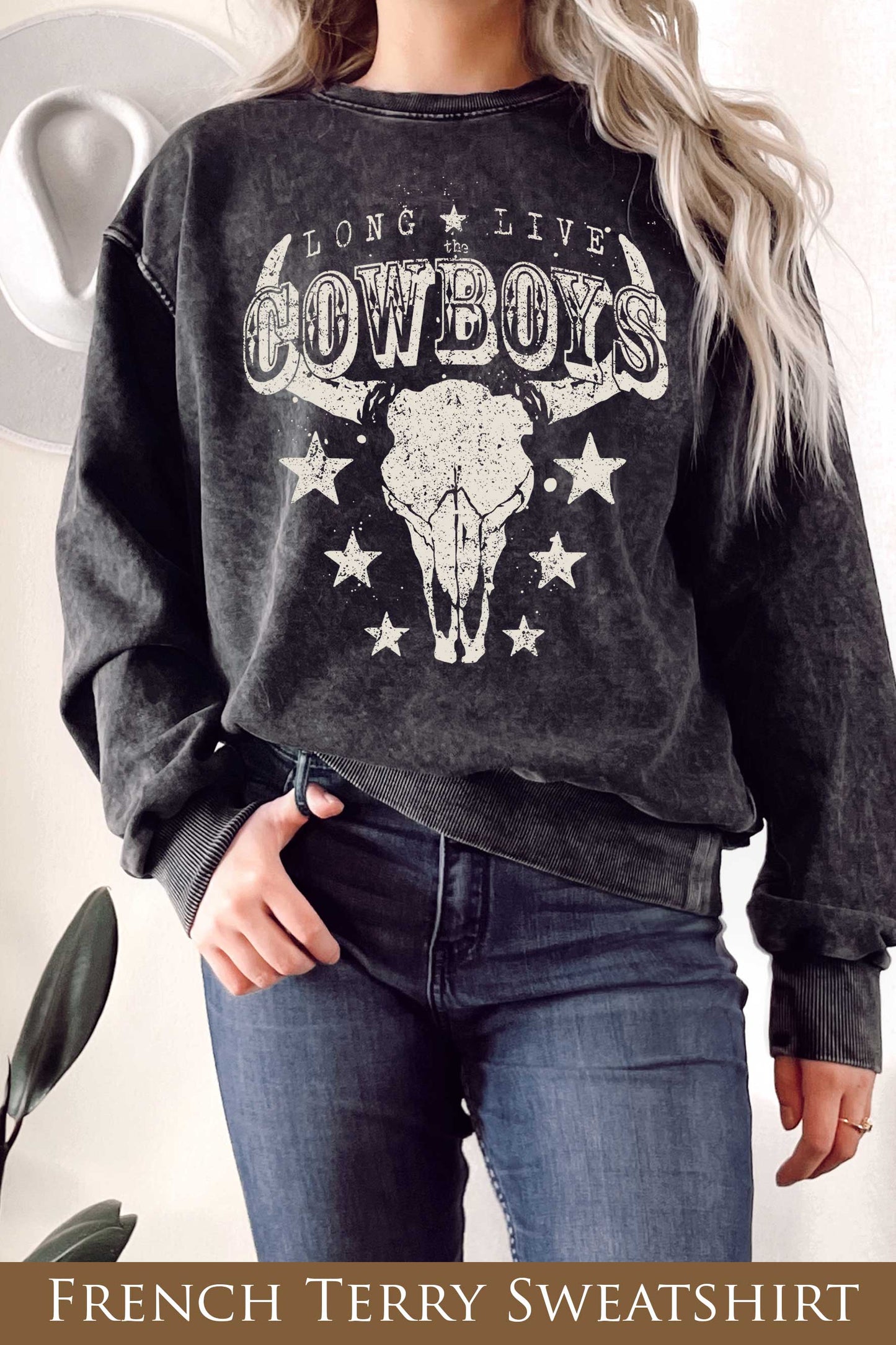 Long Live the Cowboys Cow Skull Mineral Terry Sweatshirt