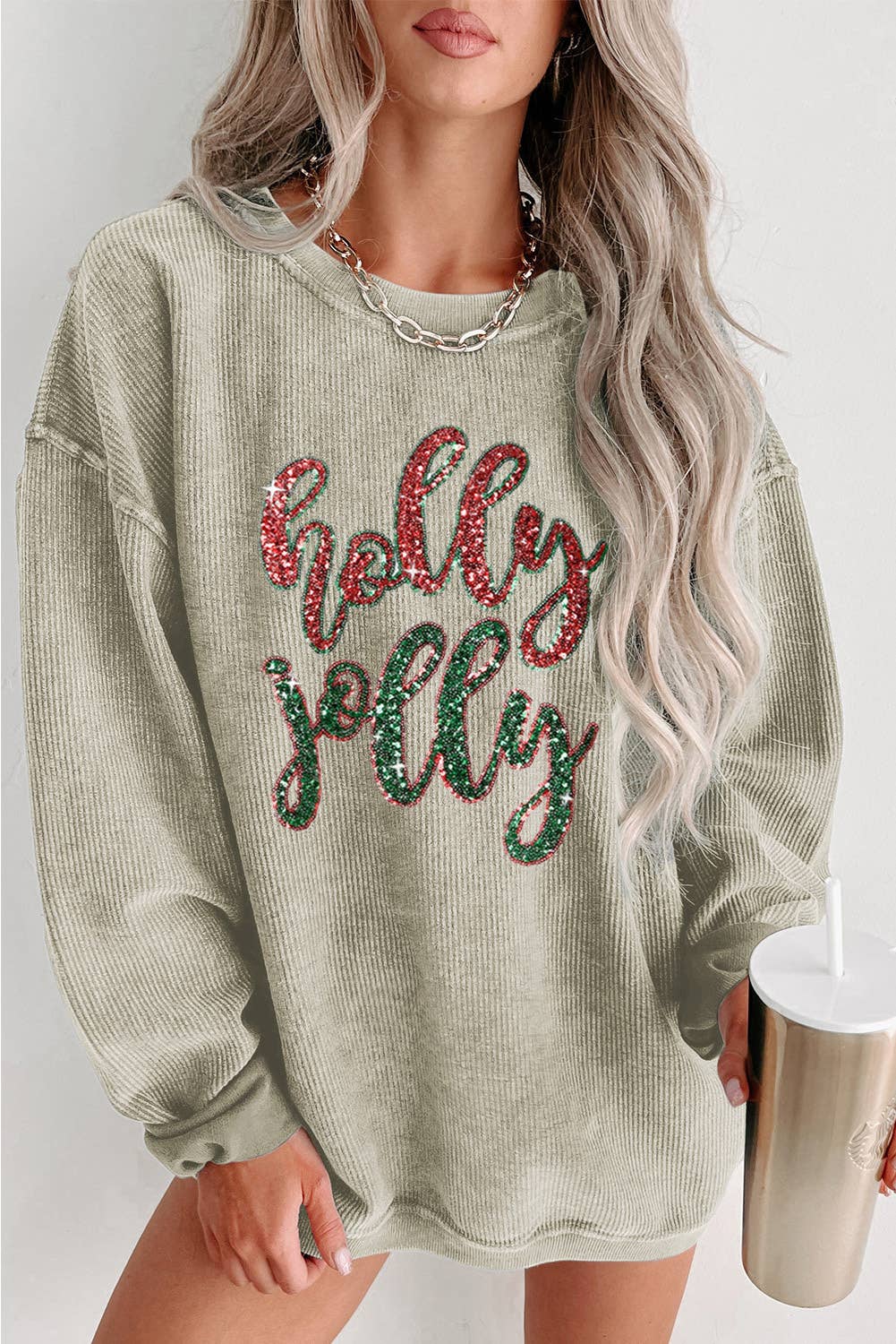 Sequined Holly Jolly Graphic Corded Sweatshirt (S-Xl)