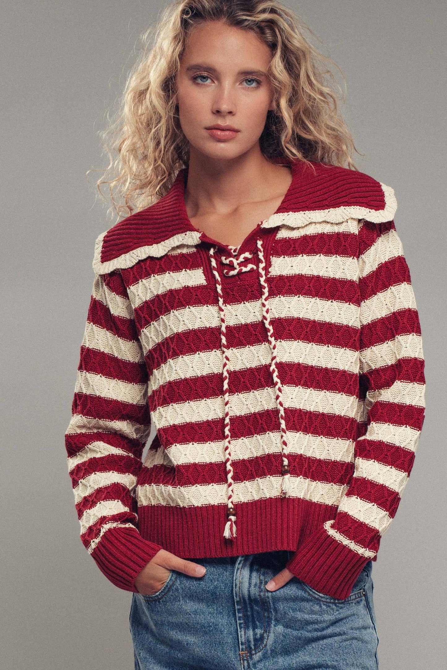 Lace-Up Cable Knit Striped Sweater Top