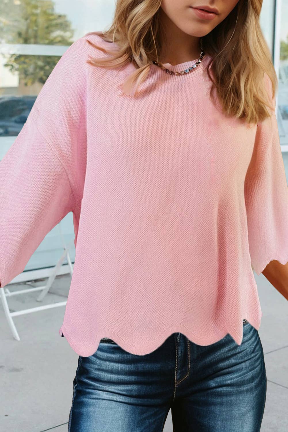 Scalloped Hem 3/4 Sleeve Sweater Top (S-Xl)