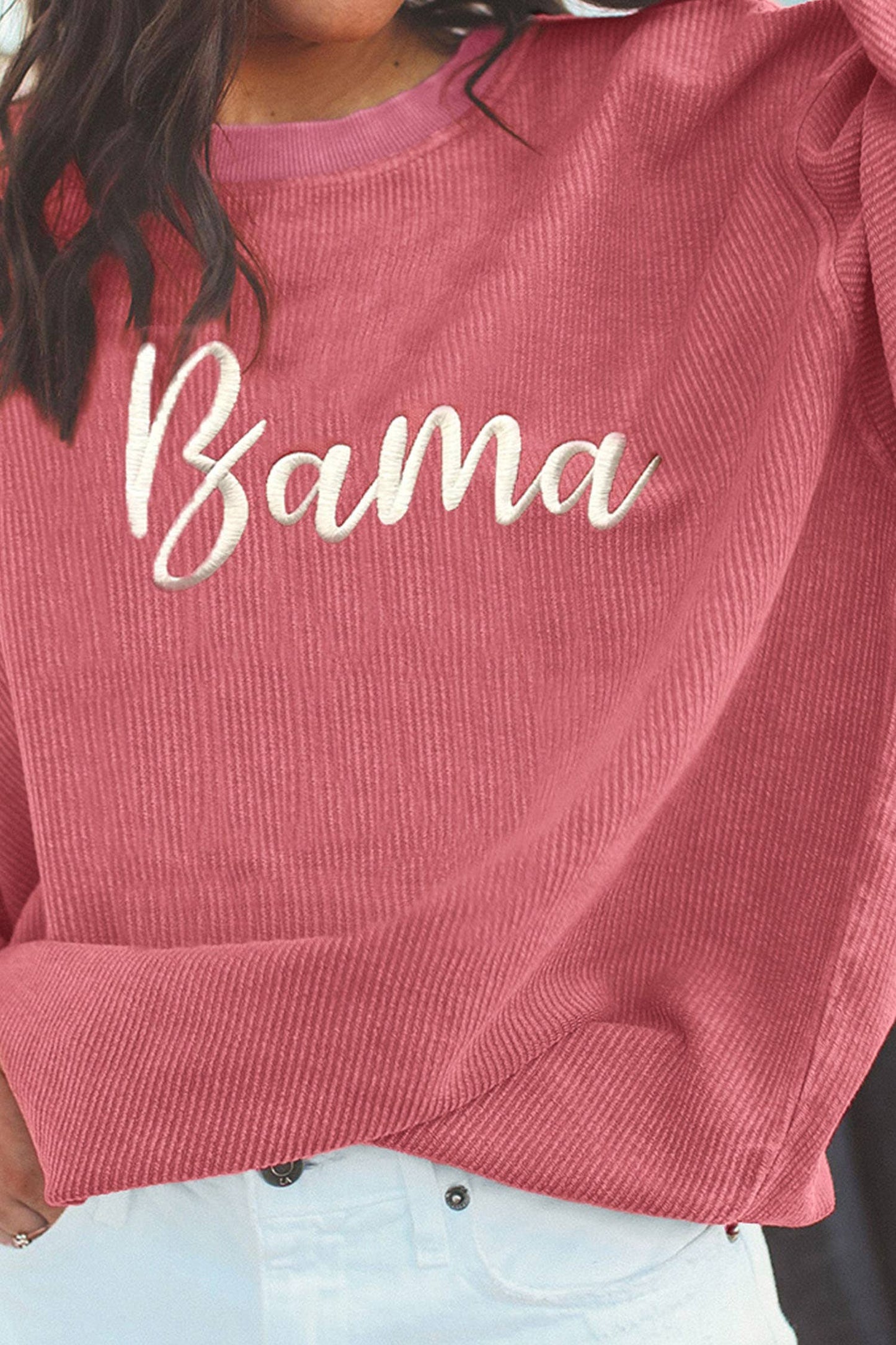 Ribbed Bama Embroidered Letter Graphic Sweatshirt (S-3XL)