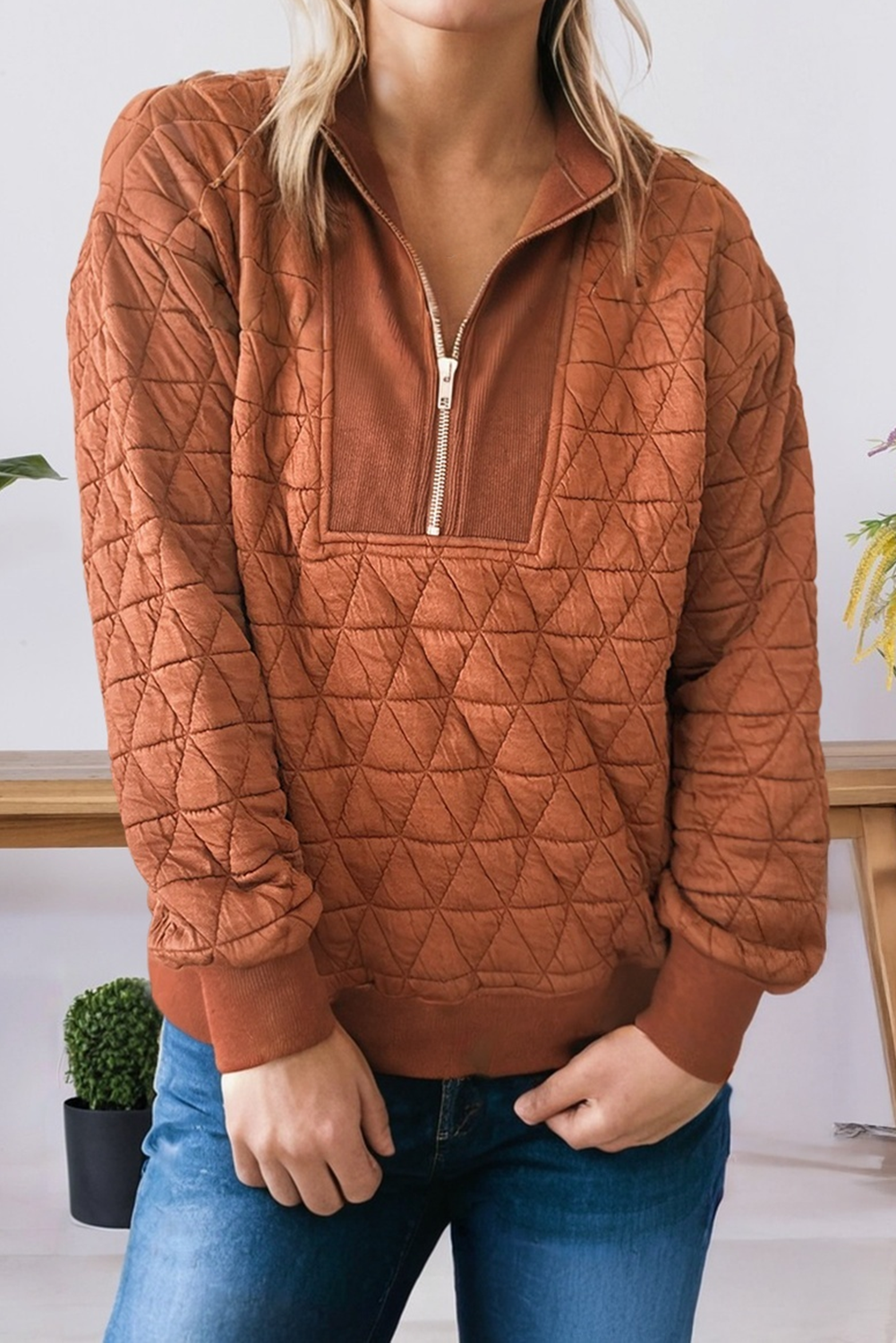 Geometric Quilted Half Zipped Loose Sweatshirt (S-Xl)