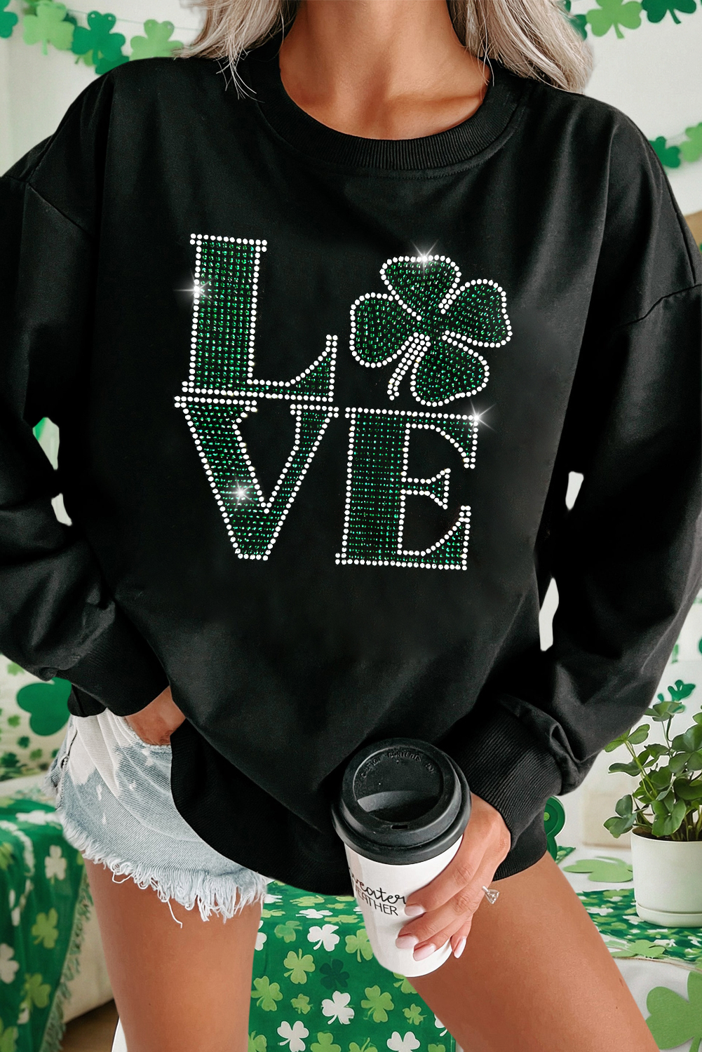 Rhinestone Love Clover Graphic St Patricks Sweatshirt (S-Xl)